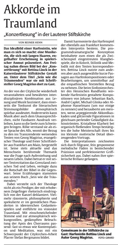 Akkorde im Traumland - Ausschnitt des Beitrags von Reiner Henn über die Entführung ins visionäre Traumland - Bettina Linck und Georg Magirius in der Stiftskirche Kaiserslautern 