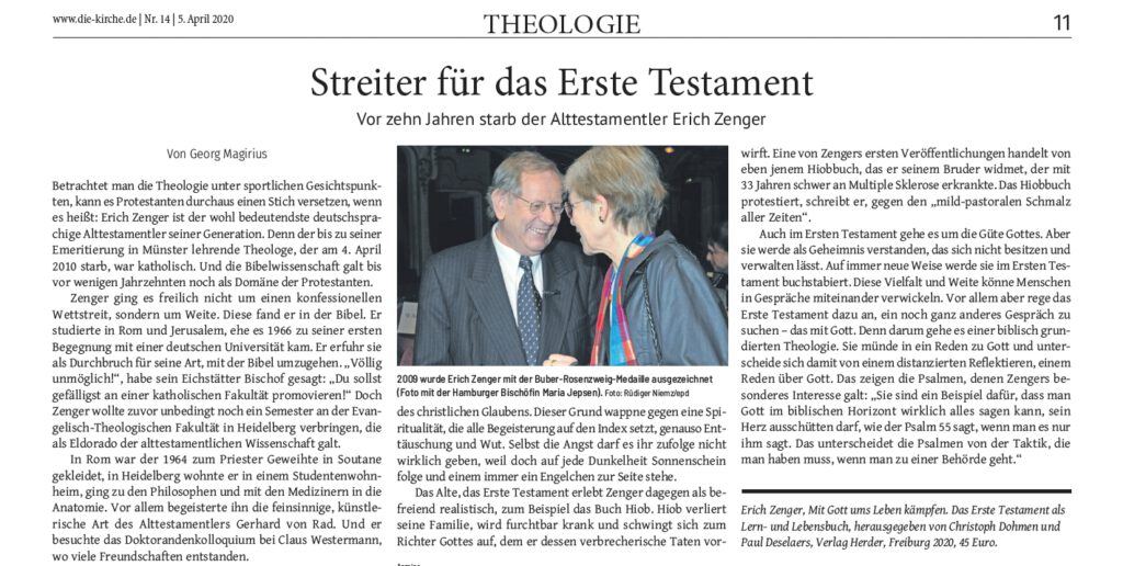Erich Zenger, Streiter für das Erste Testament, in "Die Kirche", April 2020