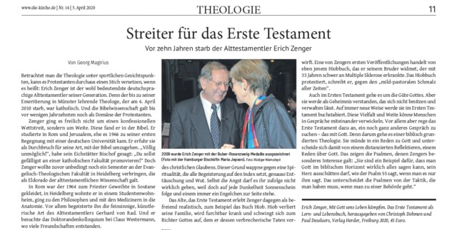 Erich Zenger, Streiter für das Erste Testament, in "Die Kirche", April 2020