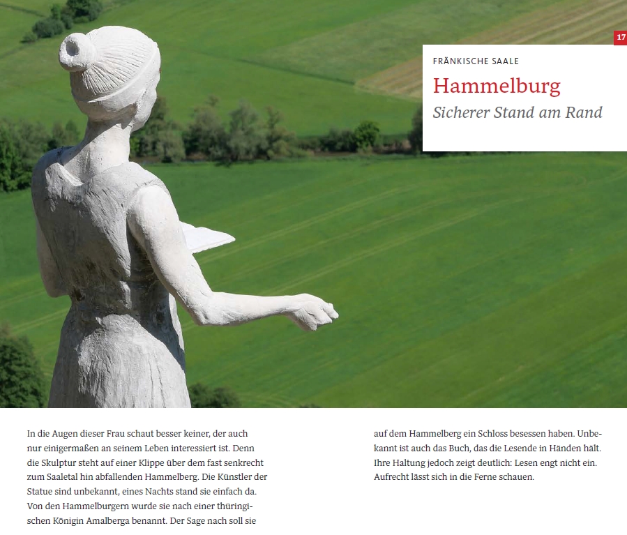 Versteckte Orte zum Erholen - zum Beispiel die Statue Amalberga. Sie hat ein Buch in der Hand und blickt ins Fränkische Saaletal. Das Foto ist ein Ausschnitt aus dem Buch "Frankenliebe"