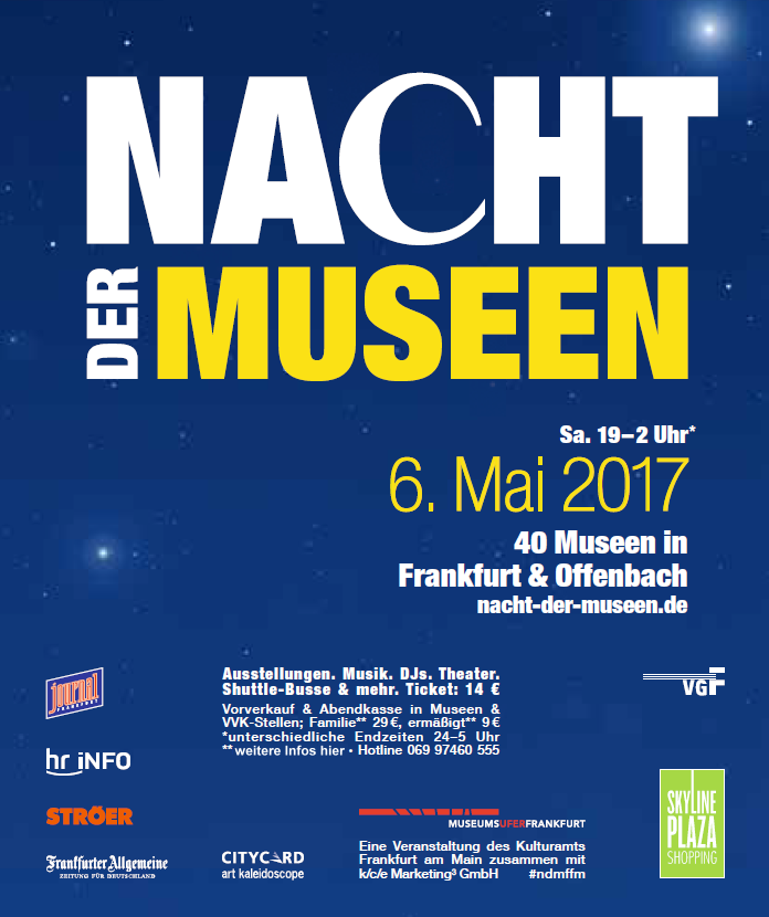 Plakat Nacht der Museen 2017. Gut Geschrei im Bibelhaus Frankfurt. Konzertlesung mit Georg Magirius und Bettina Linck im Reformationsjahr. 