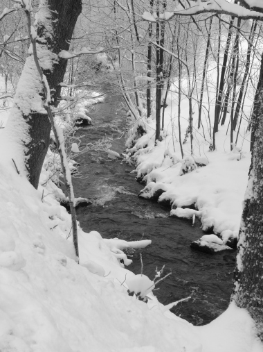 Bachlauf in Schneelandschaft. Eine stille Erfahrung, die ohne eine Yogaübung möglich ist, also eine Exotische Stille.