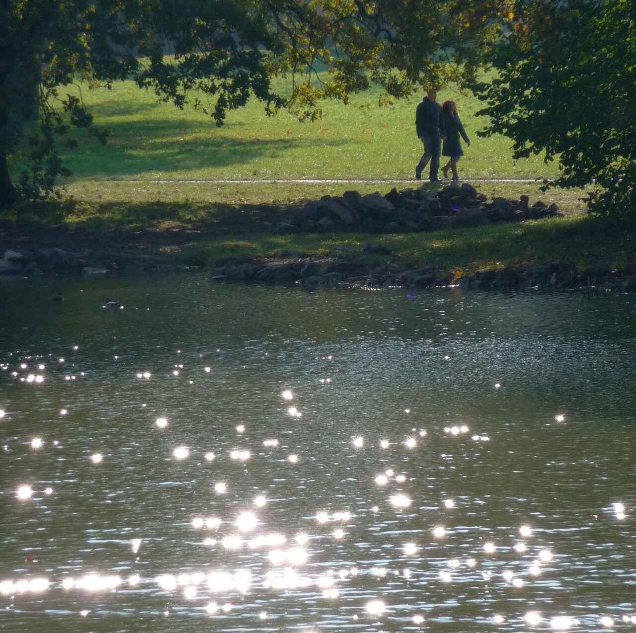 Wie man alte Muster überwindet - Altes erscheint im neuen Licht - Paar geht spazieren am glitzernden See im Park Schönbusch in Aschaffenburg